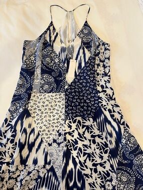 New REBECCA TAYLOR Mosaic Navy and White V‑Neck Silk Maxi  Dress, Size 12, NWT